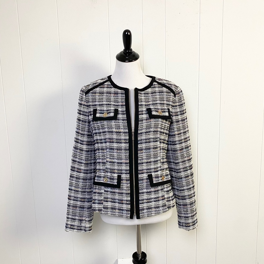 Tommy Hilfiger Multi Color Tweed Full Zip Jacket Black Trim Size 8 Medium